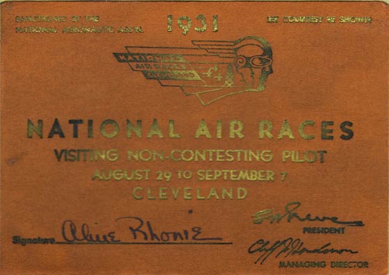 National Air Races Visitor Card, August 29, 1931 (Source: Roberts)